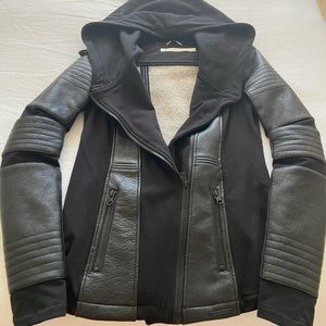 Blanc Noir Asymmetrical Hooded Terry Moto Jacket